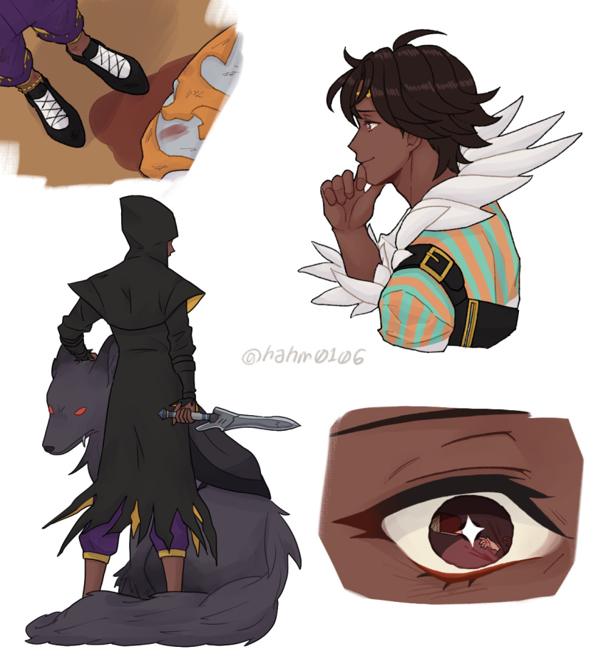 1boy black_fur black_hood brown_hair dark-skinned_male dark_skin feather_collar fire_emblem fire_emblem_engage fogado_(fire_emblem) gold_headband hahm0106 highres holding holding_knife knife male_focus multiple_views prince red_eyes short_hair smile star-shaped_pupils star_(symbol) symbol-shaped_pupils wolf