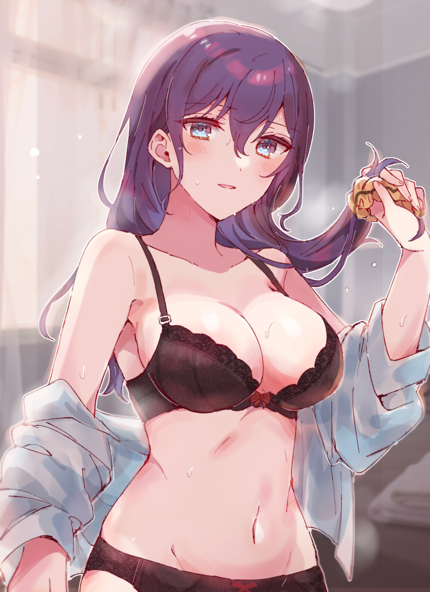 asahina_mafuyu bare_shoulders black_bra black_panties blue_eyes blurry blurry_background blush bow bow_bra bow_panties bra breasts brown_scrunchie cleavage collarbone curtains depth_of_field female grey_shirt groin hair_between_eyes hair_ornament hair_scrunchie hand_up highres indoors large_breasts long_hair long_sleeves looking_at_viewer navel off_shoulder panties parted_lips project_sekai puffy_long_sleeves puffy_sleeves purple_hair scrunchie shirt smile solo sorimachi-doufu sweat transparent underwear undressing window