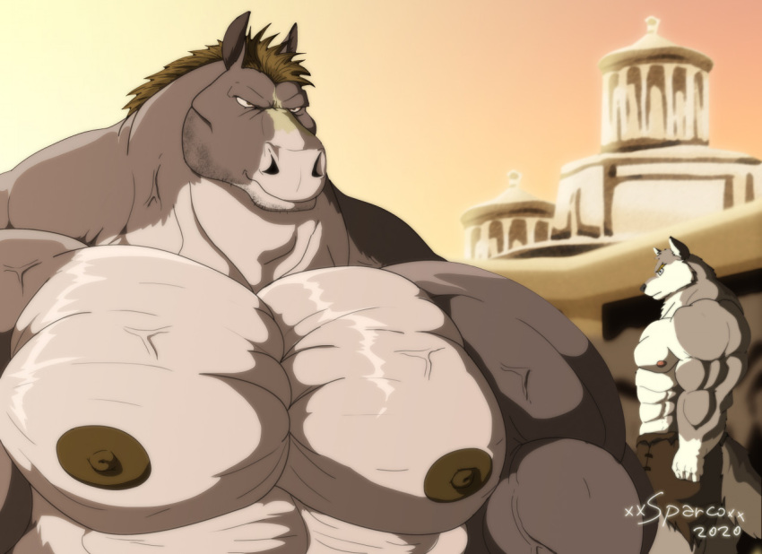 2020 amenon_(xxsparcoxx) anthro artist_name big_muscles bottomwear building canid canine canis clothing digital_media_(artwork) duo equid equine fur grey_body grey_fur hair horse kraso_(xxsparcoxx) male mammal muscular muscular_anthro muscular_male pecs vein veiny_muscles wolf xxsparcoxx