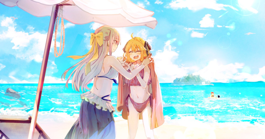 4girls anisphia_wynn_palettia bare_arms beach beach_chair beach_umbrella bikini black_hair black_ribbon blonde_hair blue_skirt blue_sky chinese_commentary closed_eyes closed_mouth cloud commentary_request commission day euphyllia_magenta grey_bikini grey_hair hair_ribbon highres holding holding_towel ilia_coral island lainie_cyan long_hair looking_at_another medium_hair multiple_girls navel ocean open_mouth outdoors purple_bikini red_hair ribbon second-party_source skirt sky smile swimsuit teeth tensei_oujo_to_tensai_reijou_no_mahou_kakumei towel umbrella upper_teeth_only wet wet_hair ydpfa yellow_ribbon