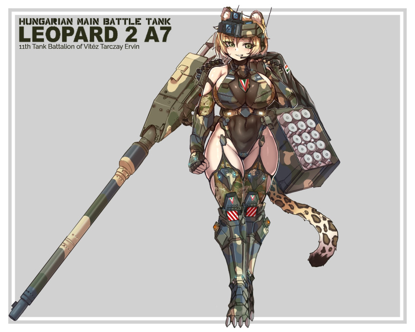 animal_ears armored_boots armored_gloves bare_shoulders bincan blonde_hair boots breasts camouflage camouflage_thighhighs cannon english_text female green_eyes grey_background headset highres huge_breasts leopard_2_(personification) leopard_ears leopard_girl leopard_tail leotard mecha_musume original personification scar scar_across_eye scar_on_cheek scar_on_face skin_tight slit_pupils smile smirk smoke_grenade_launcher tail tank_shell thighhighs