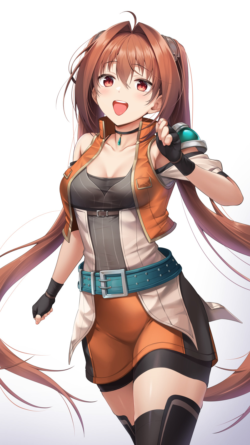 :d absurdres belt black_gloves black_thighhighs breasts brown_hair commission eiyuu_densetsu estelle_bright female fingerless_gloves gloves henria highres long_hair looking_at_viewer open_mouth orange_vest red_eyes skeb_commission smile solo sora_no_kiseki teeth thighhighs tongue twintails upper_teeth_only very_long_hair vest