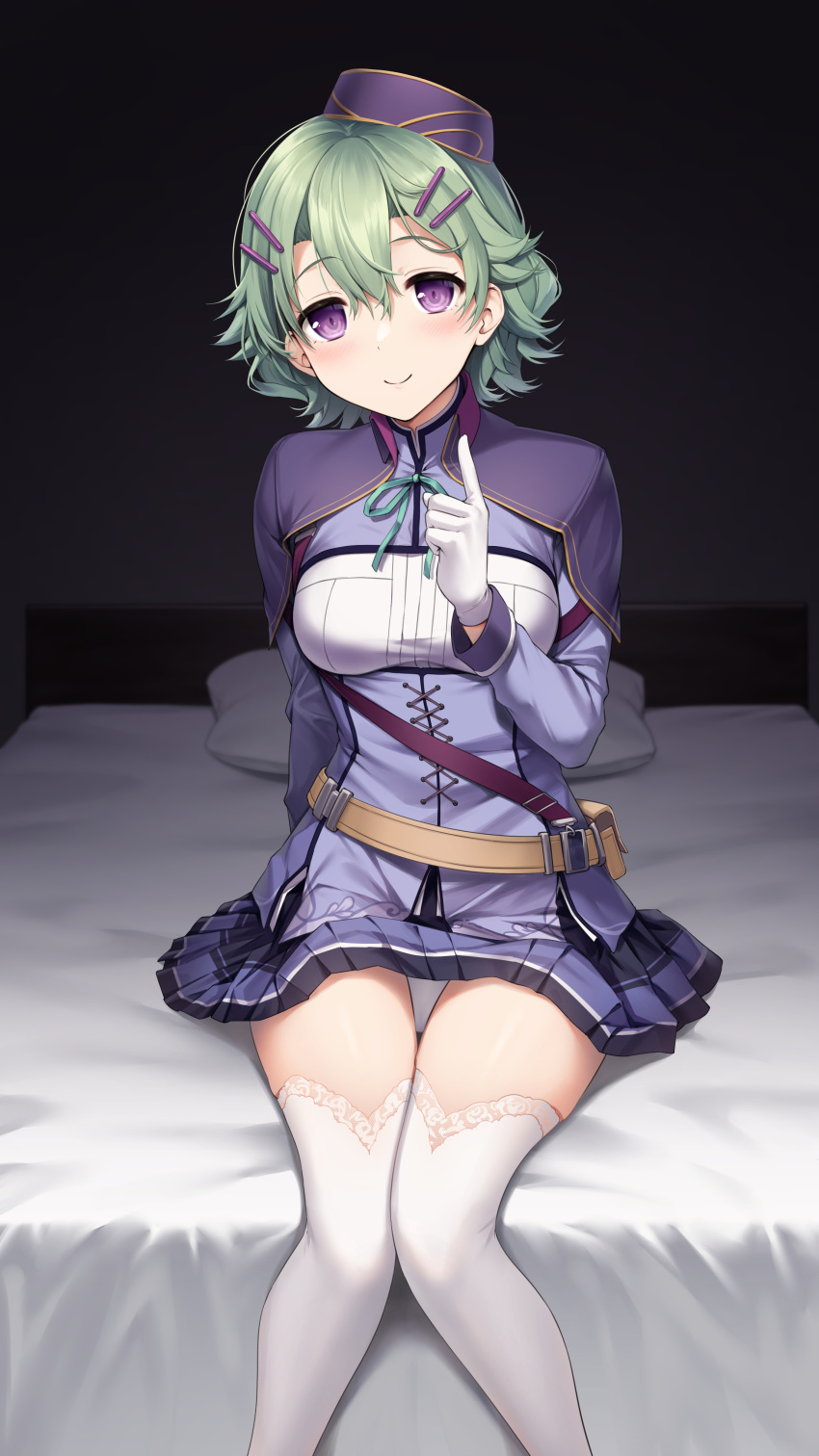 absurdres bed belt breasts brown_belt closed_mouth commentary_request commission dress eiyuu_densetsu female gloves green_hair green_ribbons hair_between_eyes hair_ornament hairclip henria highres large_breasts long_sleeves looking_at_viewer musse_egret on_bed pillow purple_dress purple_eyes ribbon sen_no_kiseki_(series) sen_no_kiseki_iii sitting skeb_commission smile solo thighhighs white_gloves white_thighhighs