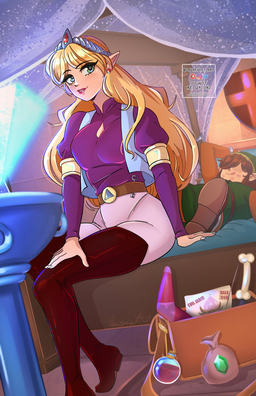 1boy absurdres after_kiss bed belt blonde_hair boots brown_hair cuffs earrings female hand_on_own_knee handcuffs highres jewelry laurencel_art link lipstick_mark lipstick_mark_on_face lying on_back pointy_ears princess_zelda sitting the_legend_of_zelda the_legend_of_zelda_(cartoon) thigh_boots tiara vest