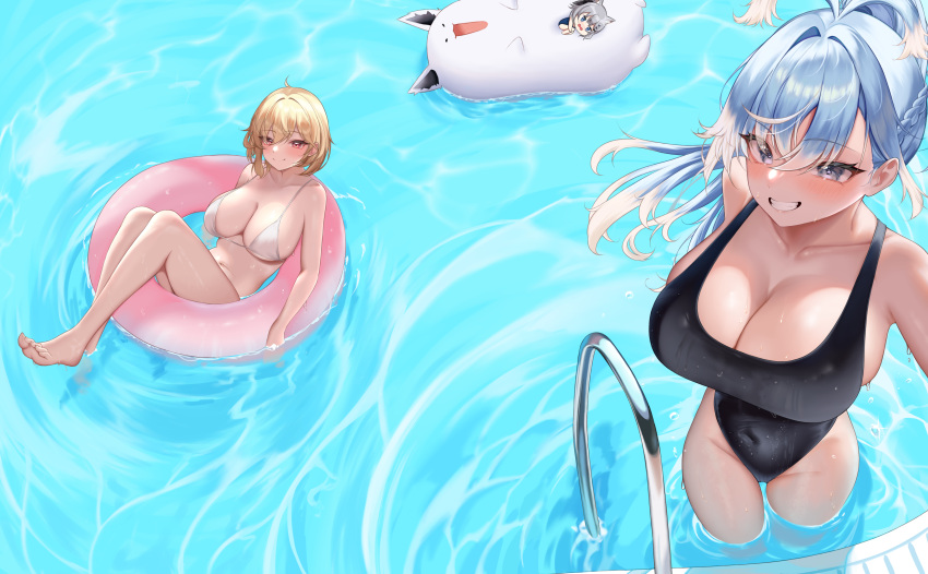 3girls absurdres alternate_breast_size animal_ear_fluff animal_ears bare_arms bare_legs bare_shoulders bikini black_one-piece_swimsuit blonde_hair blue_eyes blue_hair blush breasts bursting_breasts caustics cleavage covered_navel english_commentary feet fetal_position handrail highres holoh3roes hololive hololive_indonesia innertube kaela_kovalskia kobo_kanaeru large_breasts leon_decarabia looking_at_viewer lying multicolored_hair multiple_girls on_back one-piece_swimsuit open_mouth pink_innertube pool red_eyes ripples school_swimsuit sideboob smile standing sukonbu_(shirakami_fubuki) swim_ring swimsuit thighs vestia_zeta virtual_youtuber water water_drop white_bikini white_hair