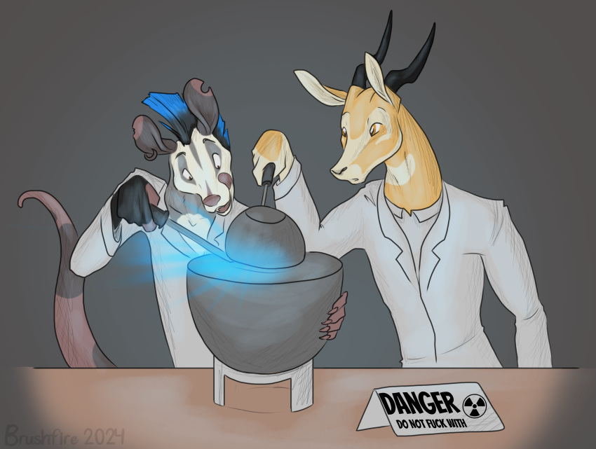 american_opossum anthro blue_hair brushfire cherenkov_radiation clothed clothing demon_core digital_media_(artwork) duo fur glowing hair hi_res holding_object horn kalus male mammal marsupial radiation screwdriver simple_background smile tail text tools tyron_mhorr