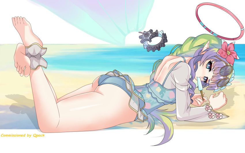 ameth_(princess_connect!) ameth_(summer)_(princess_connect!) aqua_one-piece_swimsuit ass barefoot beach blue_eyes blunt_bangs braid casual_one-piece_swimsuit commission drill_hair drill_sidelocks eyewear_on_head fairy fairy_wings feet_up female flower food food_in_mouth gears green_hair halo hand_on_ground hibiscus highres ice_cream long_hair looking_at_viewer low_twin_braids lying maxwelzy multicolored_hair on_stomach one-piece_swimsuit princess_connect! purple_hair red_flower red_halo sidelocks solo swimsuit swimsuit_skirt thighs twin_braids white_sleeves wide_sleeves wings