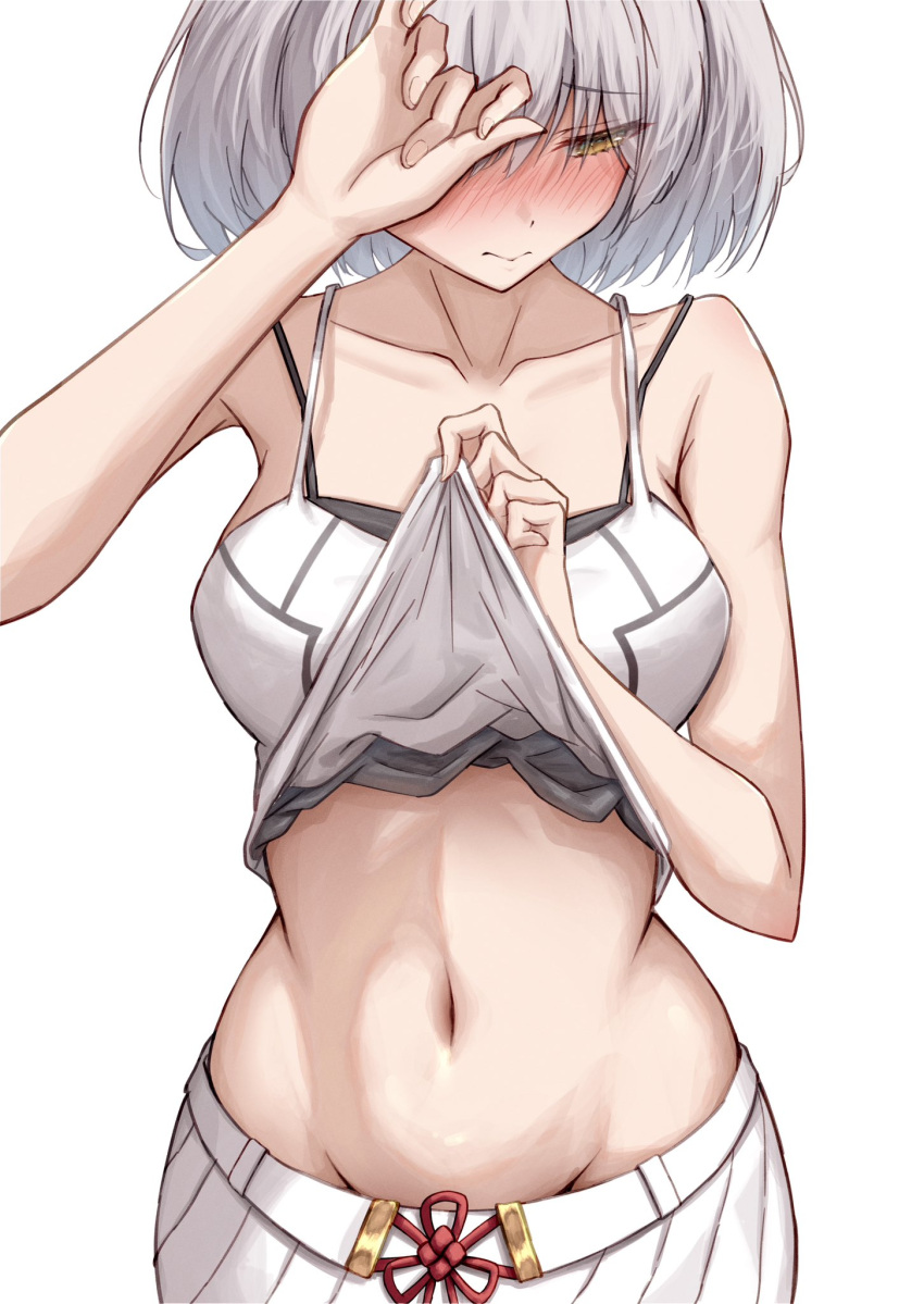 bare_shoulders blush breasts camisole camisole_lift clothes_lift collarbone covering_face embarrassed female full-face_blush grey_hair groin highres lifting_own_clothes looking_down medium_breasts midriff mio_(xenoblade) navel okazu2010015 short_hair simple_background skirt solo stomach white_background white_skirt xenoblade_chronicles_(series) xenoblade_chronicles_3 yellow_eyes