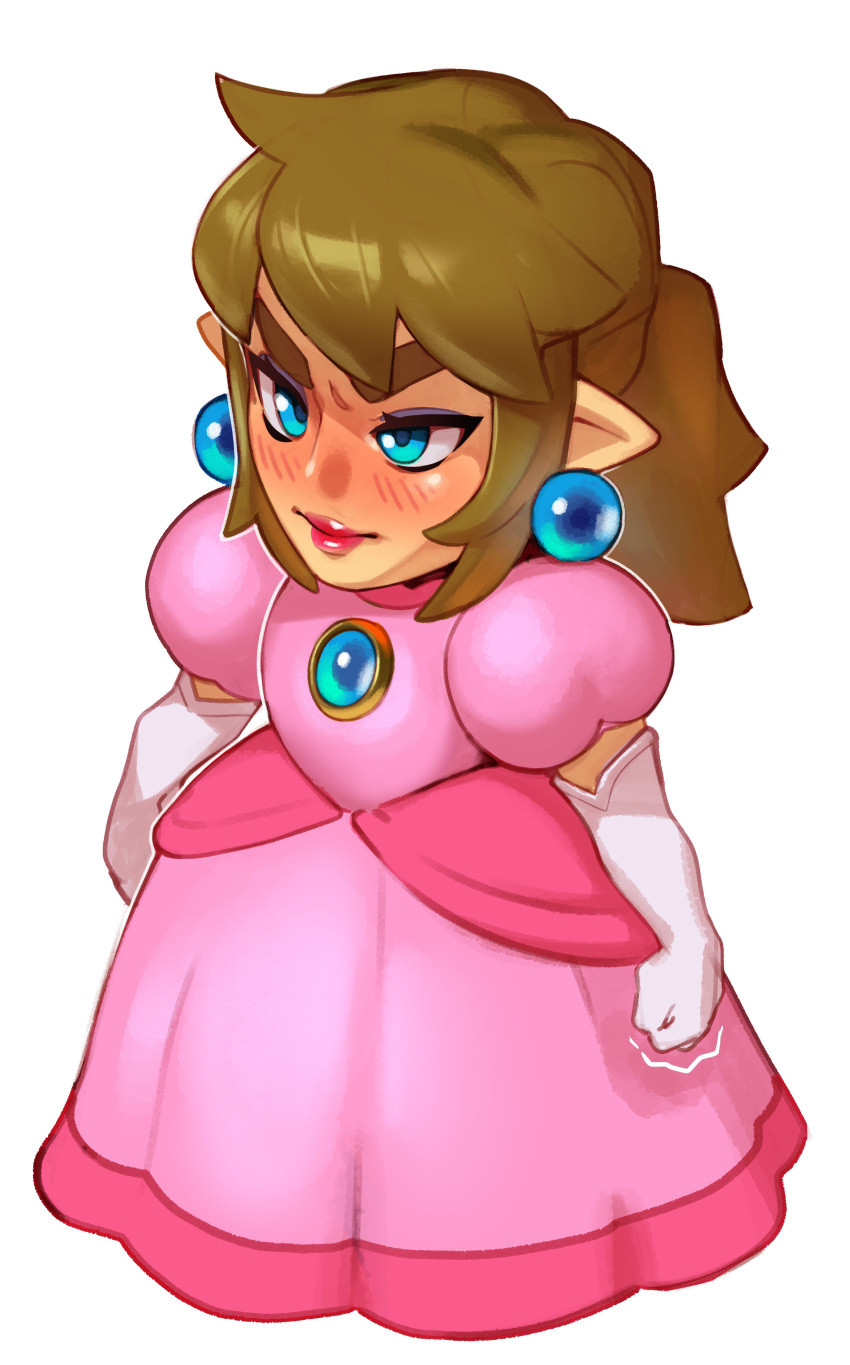 1boy absurdres blue_eyes blush brown_hair combos_&_doodles cosplay crossdressing dress earrings elbow_gloves full_body gloves highres jewelry link long_dress long_hair mario_(series) pink_dress pointy_ears princess_peach princess_peach_(cosplay) puffy_short_sleeves puffy_sleeves short_sleeves simple_background solo sphere_earrings super_mario_rpg the_legend_of_zelda white_background white_gloves