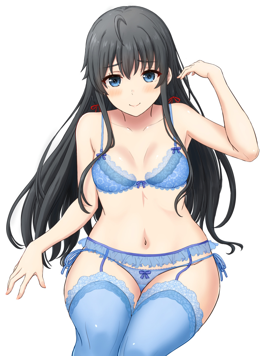 absurdres black_hair blue_bra blue_eyes blue_panties blue_thighhighs blush bow bow_bra bow_panties bra breasts closed_mouth collarbone female frilled_garter_belt garter_belt hair_ribbon hand_up highres inanaki_shiki invisible_chair lace-trimmed_bra lace-trimmed_thighhighs lace_trim lingerie long_hair looking_at_viewer navel panties red_ribbon revision ribbon side-tie_panties simple_background sitting small_breasts smile solo stomach string_panties thighhighs underwear underwear_only white_background yahari_ore_no_seishun_lovecome_wa_machigatteiru. yukinoshita_yukino