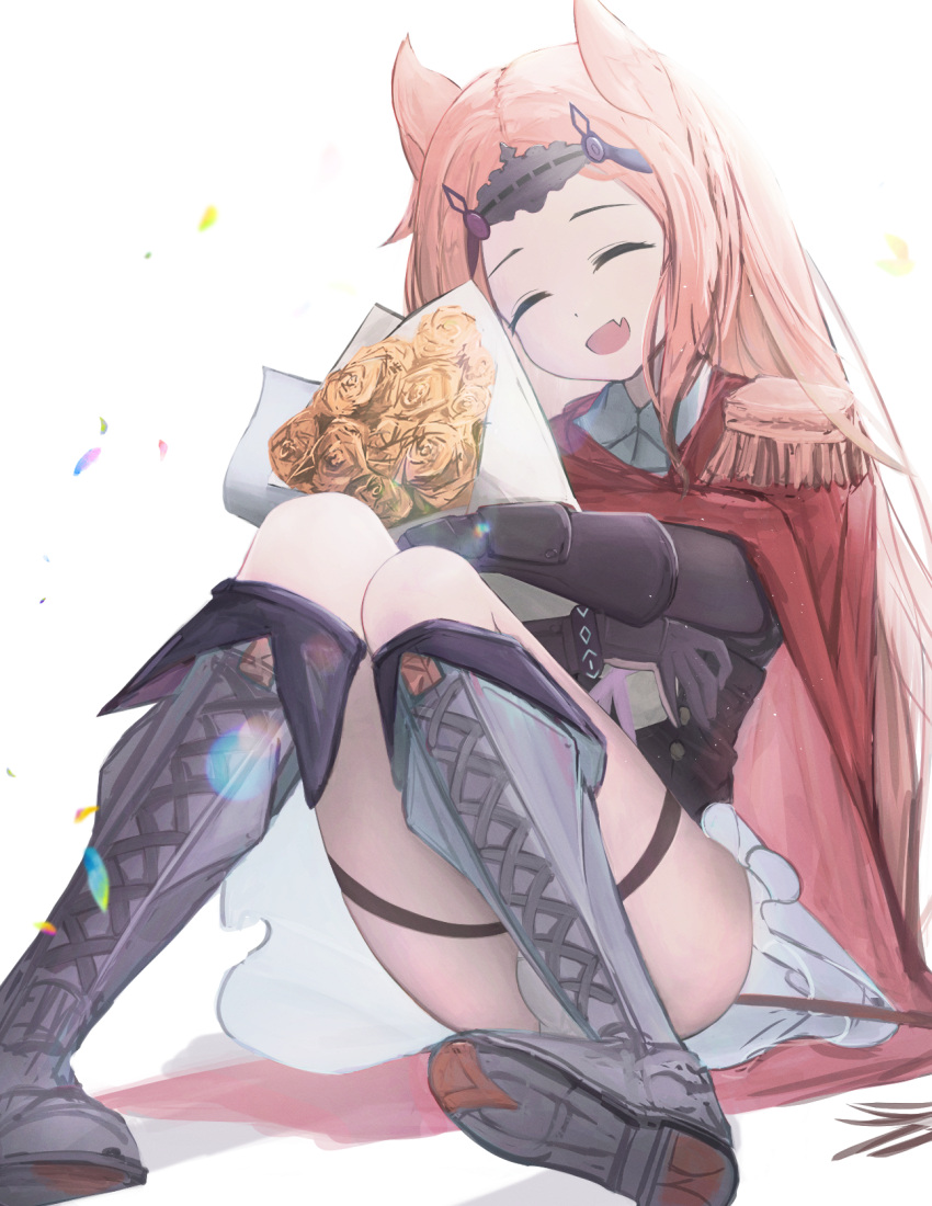 :d ^_^ animal_ears archetto_(arknights) arknights bloom boots bouquet cape closed_eyes commentary_request epaulettes facing_viewer female flower full_body gauntlets gloita grey_footwear highres holding holding_bouquet knee_boots knees_together_feet_apart long_hair oerba_yun_fang open_mouth orange_hair partial_commentary red_cape rose shoe_soles simple_background sitting skin_fang smile solo thigh_strap white_background yellow_flower yellow_rose