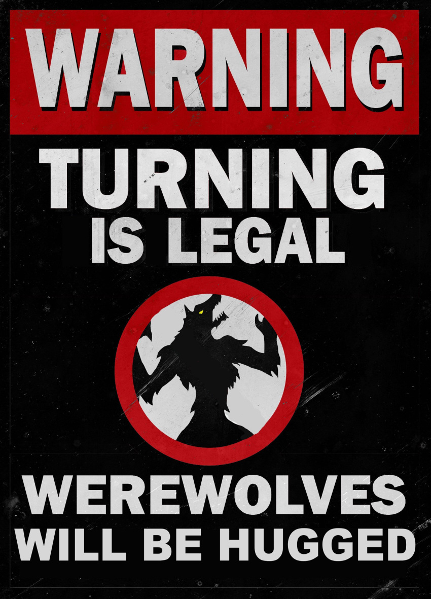 absurd_res ambiguous_gender anthro black_background canid canine claws fur glowing glowing_eyes hi_res mammal mid_transformation mythological_canine mythological_creature mythology open_mouth propaganda sharp_teeth sign silhouette simple_background solo superspy_6 teeth transformation warning_sign were werecanid werecanine werewolf