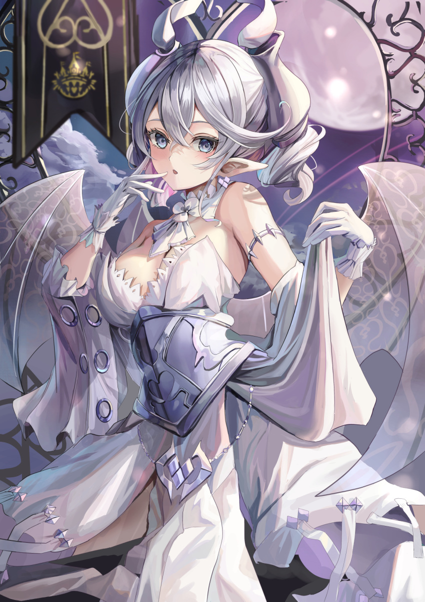 :o armor armored_dress bare_shoulders blue_eyes blush breasts commentary demon_girl demon_horns demon_wings dress duel_monster female full_moon gloves grey_hair highres horns large_breasts looking_at_viewer lovely_labrynth_of_the_silver_castle moon pointy_ears solo suidou_chaahan white_dress white_gloves wings yu-gi-oh!