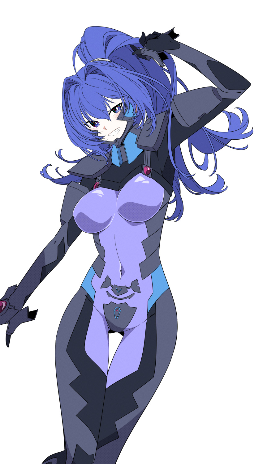 absurdres ahoge arm_up armored_bodysuit blue_eyes blue_hair blush bodysuit breasts bright_pupils covered_navel feet_out_of_frame female fortified_suit grin hair_intakes hayase_mitsuki highres impossible_bodysuit impossible_clothes kamon_rider kimi_ga_nozomu_eien long_hair looking_at_viewer medium_breasts muv-luv muv-luv_alternative pilot_suit ponytail purple_bodysuit simple_background skin_tight smile solo teeth white_background white_pupils