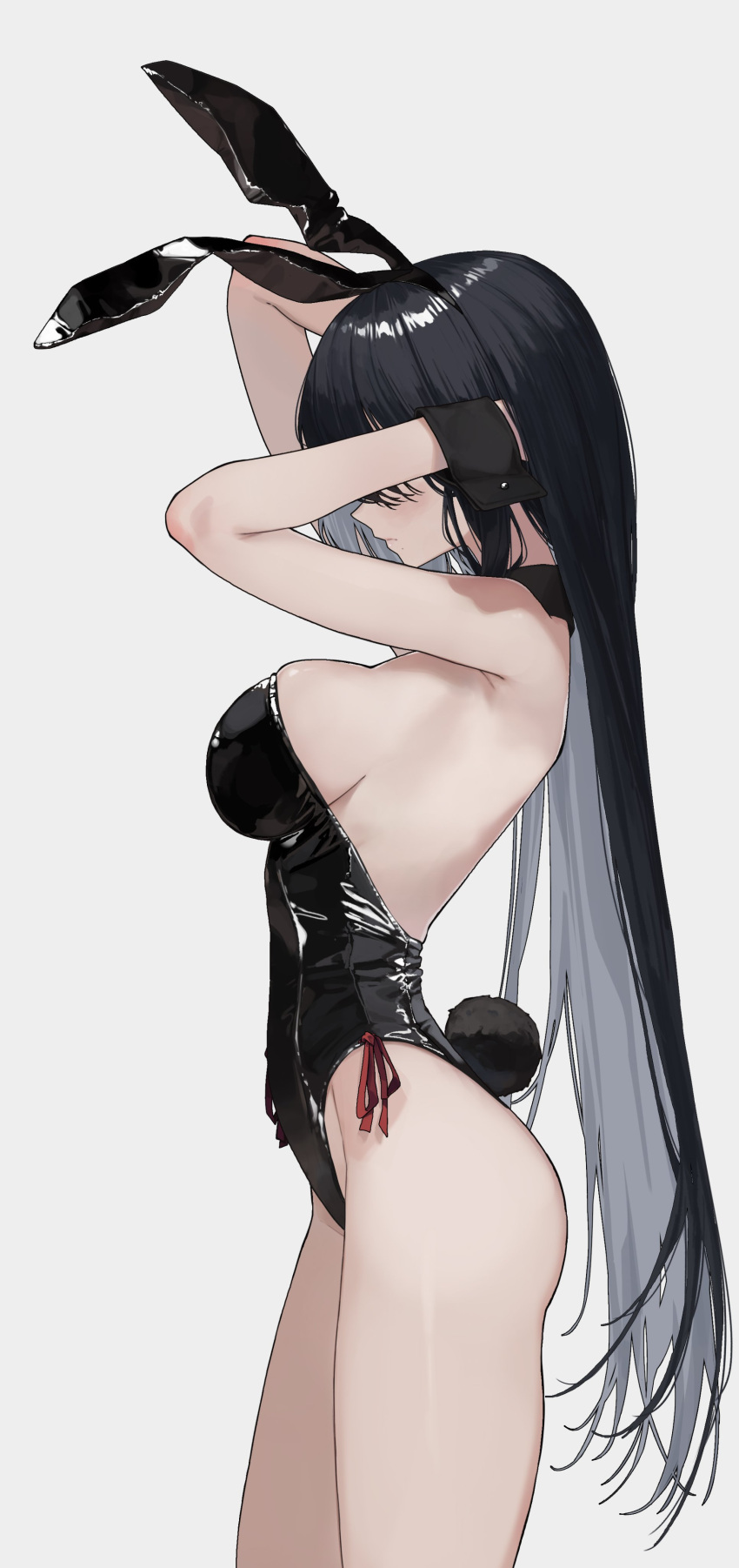 absurdres animal_ears arm_behind_head arms_up black_hair black_leotard black_wrist_cuffs blush breasts closed_mouth colored_inner_hair covered_eyes cowboy_shot fake_animal_ears fake_tail female from_side grey_hair hair_over_eyes hand_in_own_hair highleg highleg_leotard highres large_breasts leotard long_hair multicolored_hair original playboy_bunny profile rabbit_ears rabbit_tail shiny_clothes side-tie_leotard simple_background solo soya_(torga) standing strapless strapless_leotard tail two-tone_hair very_long_hair white_background wrist_cuffs