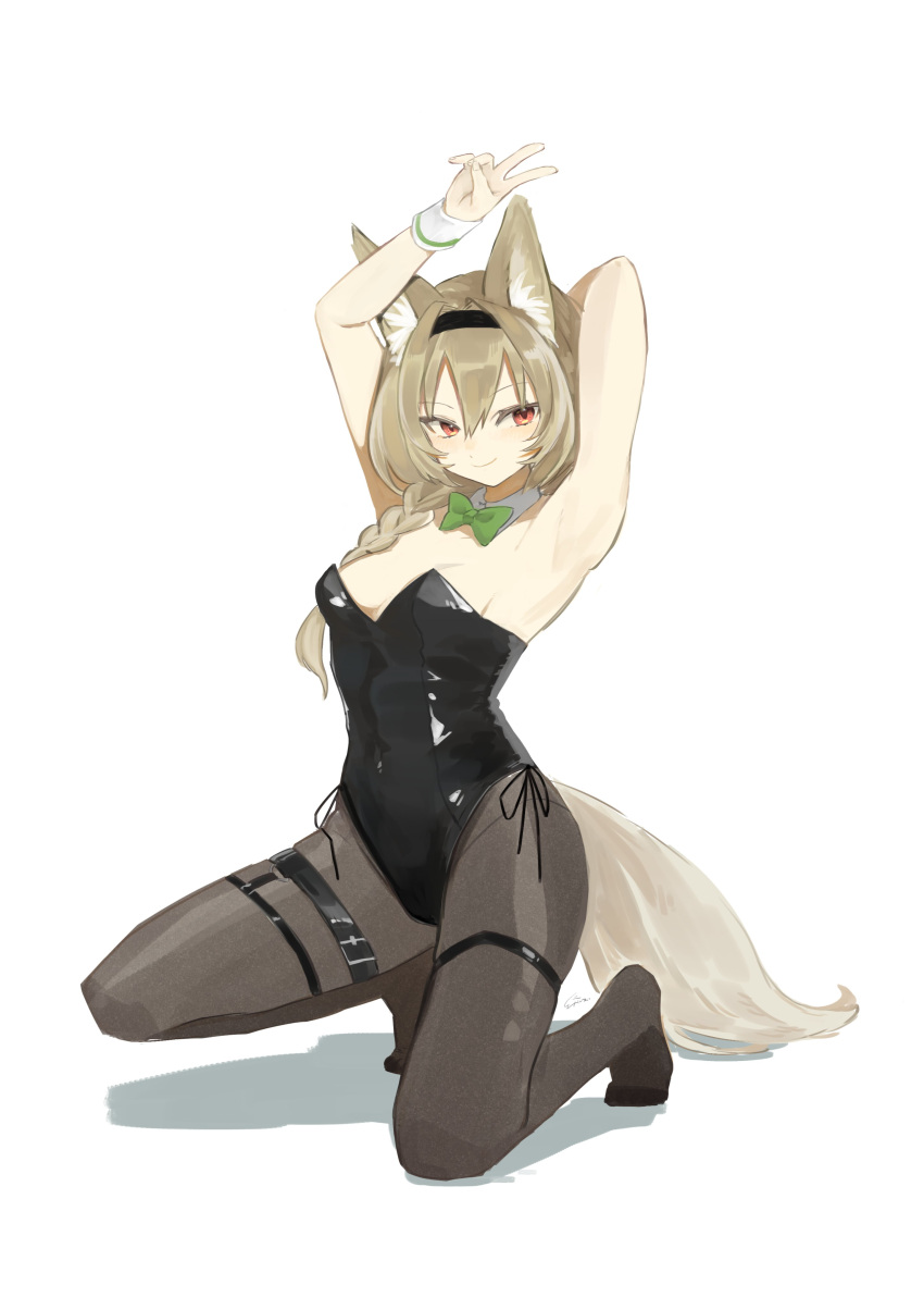 absurdres animal_ears arknights arm_above_head arm_over_head armpits arms_up beanstalk_(arknights) black_hairband black_leotard bow bowtie breasts brown_hair brown_pantyhose brown_tail closed_mouth detached_collar female full_body green_bow green_bowtie grey_tail groin hair_between_eyes hairband highleg highleg_leotard highres k-yosinori kneeling leotard long_hair looking_at_viewer medium_breasts no_shoes orange_eyes outstretched_arm pantyhose playboy_bunny signature simple_background smile solo strapless strapless_leotard tail thigh_strap traditional_bowtie v v_over_head white_background wrist_cuffs