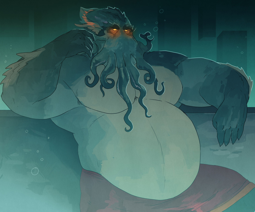 2022 anthro belly bottomwear bubble cephalopod clothed clothing coleoid cthulhu cthulhu_mythos detailed_background glowing glowing_eyes green_body h.p._lovecraft male marine mollusk moobs octopodiform octopus orange_eyes overweight overweight_anthro overweight_male resting_arm shorts solo tentacle underwater vetrowolf water