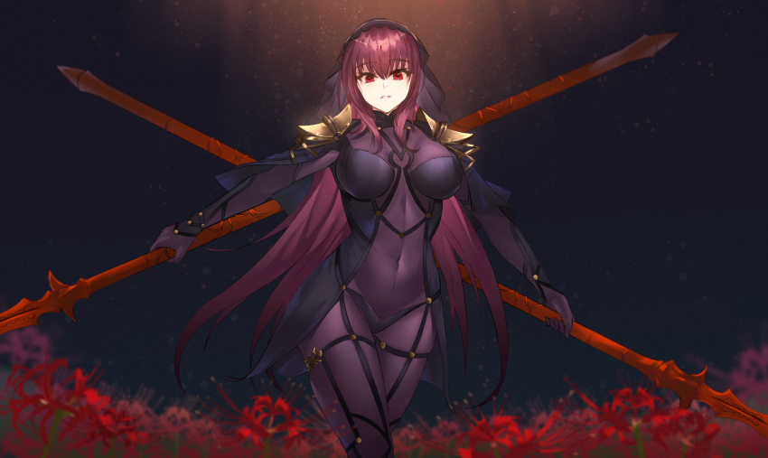 armor bodysuit commentary covered_navel dual_wielding fate/grand_order fate_(series) female flower gae_bolg_(fate) hair_intakes highres holding long_hair outdoors parted_lips pauldrons polearm purple_hair rausu_(undeadmachine) red_eyes scathach_(fate) shoulder_armor solo spear spider_lily veil weapon