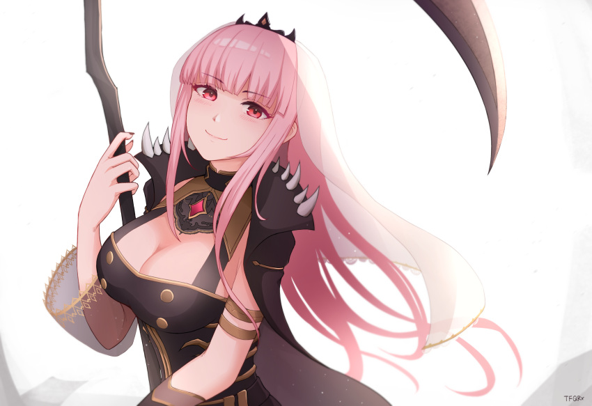 absurdres bangs breasts cleavage female highres holding holding_scythe hololive hololive_english large_breasts light_blush looking_at_viewer mori_calliope pink_hair scythe smile solo tfqr tiara veil virtual_youtuber