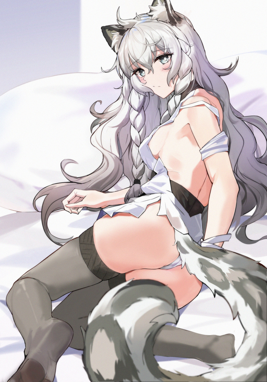 absurdres animal_ear_fluff animal_ears arknights ass bare_shoulders black_thighhighs blush braid breasts changpan_hutao female grey_eyes hair_between_eyes highres long_hair lying median_furrow medium_breasts on_bed on_side pramanix_(arknights) shirt sideboob solo tail thighhighs thighs twin_braids very_long_hair white_hair white_shirt