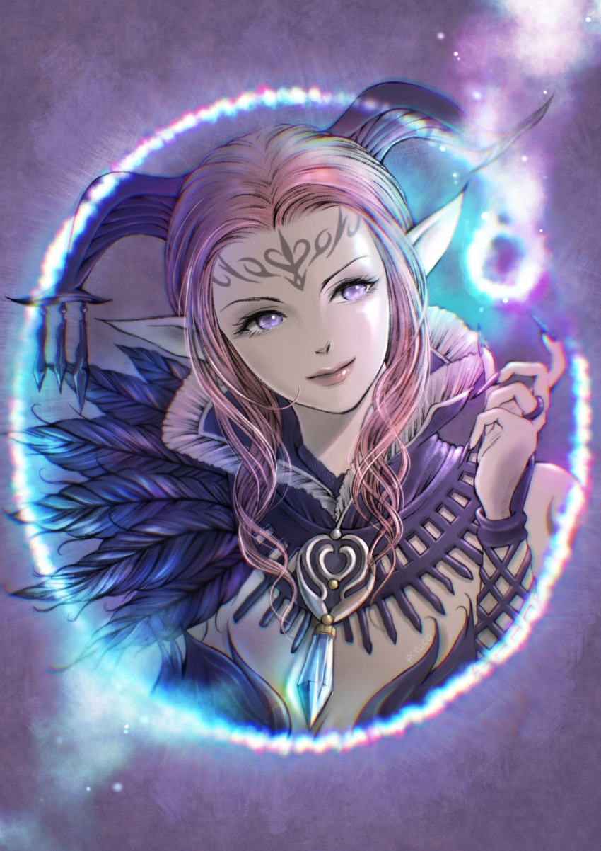 artist_name black_feathers black_horns closed_mouth crystal demon_horns facial_mark feathers female final_fantasy final_fantasy_xi fingernails forehead_mark hair_intakes hand_up highres horns jewelry lady_lilith lips long_hair pink_hair pink_lips piyoco pointy_ears purple_eyes purple_nails ring sharp_fingernails smile solo upper_body