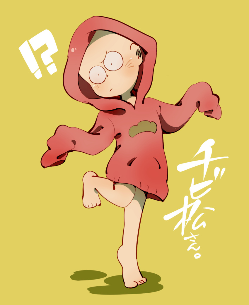 !? 1boy amazou bald blush chibita cosplay highres hood hoodie implied_yaoi leg_up looking_to_the_side male_focus matsu_symbol matsuno_osomatsu matsuno_osomatsu_(cosplay) osomatsu-san osomatsu_(series) oversized_clothes red_hoodie sleeves_past_fingers sleeves_past_wrists yellow_background