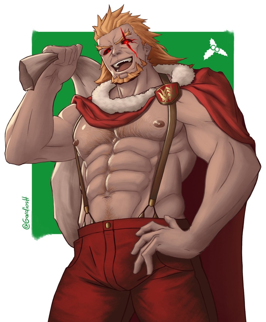 1boy :d abs alternate_costume badge bara bare_pectorals beard black_eyes brown_hair bulge cape chest_hair christmas dark_skin facial_hair fire_emblem fire_emblem_heroes gardios green_background hand_on_own_hip highres holding holding_sack looking_at_viewer male_focus muscular muscular_male nipples open_mouth pants pectorals red_cape red_eyes red_hair red_pants sack santa_costume scar scar_across_eye scar_on_face short_hair simple_background smile solo surtr_(fire_emblem) suspenders