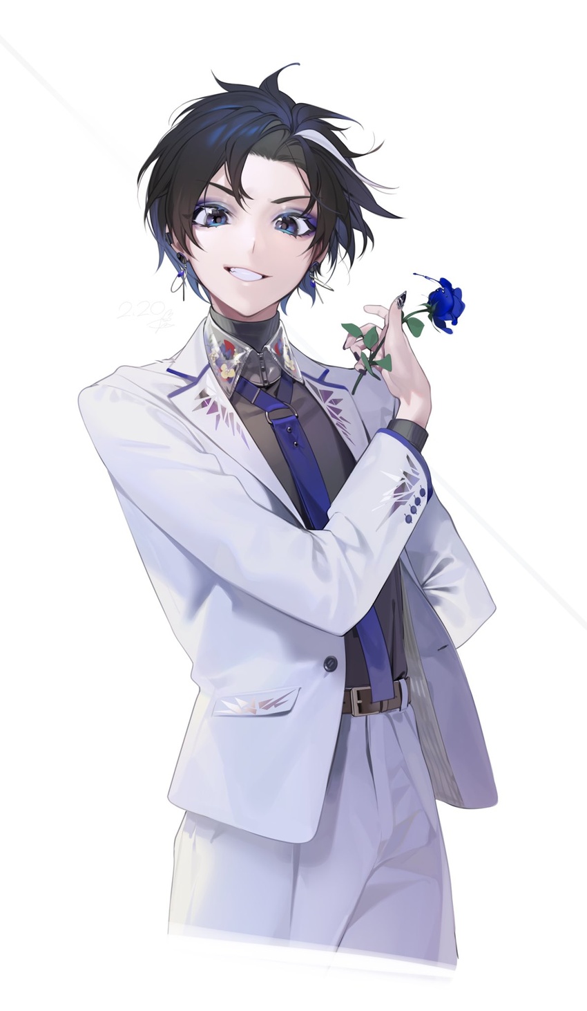 androgynous arm_across_chest arm_behind_back belt black_hair blue_eyes blue_flower blue_nails blue_neckwear buckle collared_shirt commentary_request cowboy_shot dated earrings eyeshadow female fingernails flat_chest flower formal grey_hair grin highres holding holding_flower jacket jewelry keishi_(shining_star) looking_at_viewer makeup multicolored_hair ohisashiburi pant_suit pants purple_eyeshadow reverse_trap shining_star shirt short_hair signature simple_background smile solo standing suit two-tone_hair white_background