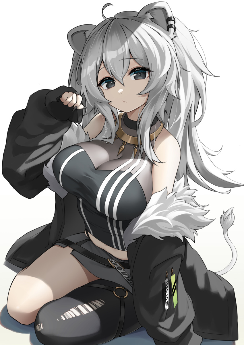 absurdres ahoge akiki_(kiki) animal_ears bare_shoulders black_jacket black_nails black_pantyhose black_shirt breasts cleavage crop_top ear_piercing female fingernails fur-trimmed_jacket fur_trim grey_eyes grey_hair grey_skirt hair_between_eyes highres hololive jacket jewelry large_breasts lion_ears lion_girl lion_tail long_fingernails long_hair looking_at_viewer messy_hair miniskirt nail_polish necklace o-ring o-ring_thigh_strap pantyhose piercing see-through see-through_cleavage seiza sharp_fingernails shirt shishiro_botan shishiro_botan_(1st_costume) sidelocks single_leg_pantyhose sitting skin_tight skirt sleeveless sleeveless_shirt sleeves_past_wrists solo tail thigh_strap torn_clothes torn_pantyhose two_side_up virtual_youtuber