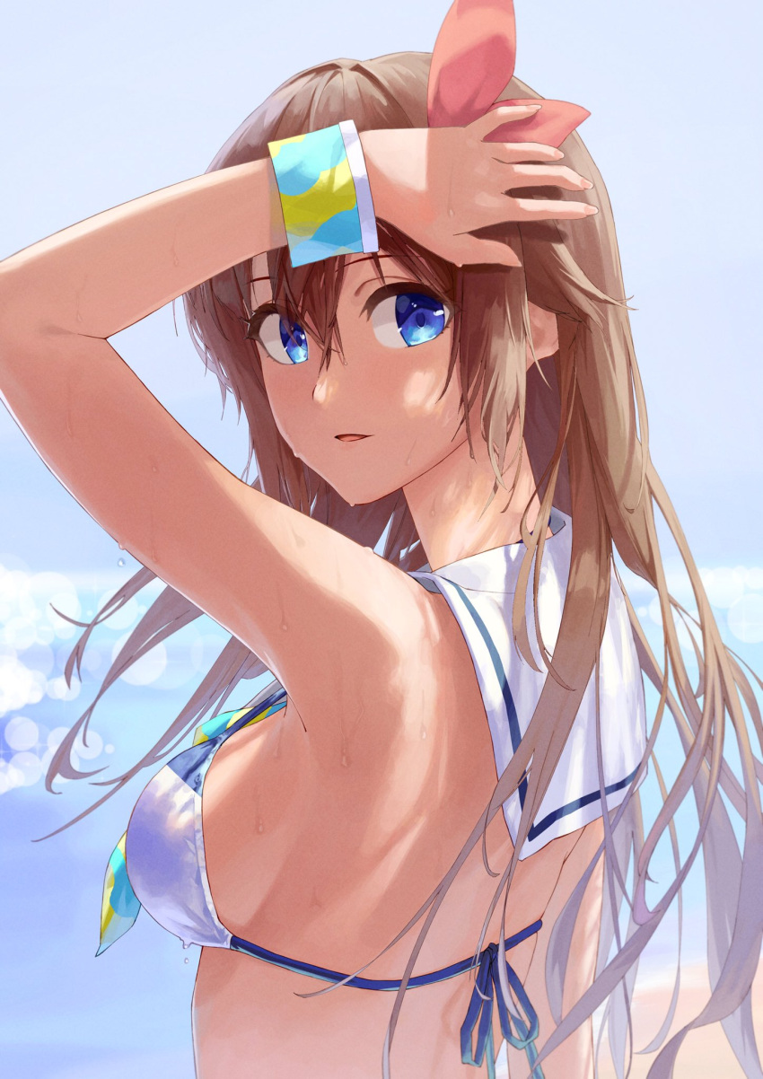 armpits bare_shoulders bikini blue_eyes breasts brown_hair female from_behind from_side hair_flaps hair_ribbon highres holding holding_own_hair hololive long_hair looking_back looking_to_the_side makimaki_makky7 medium_breasts official_alternate_costume parted_lips red_ribbon ribbon sailor_bikini sailor_collar sideboob solo straight_hair string_bikini swimsuit tokino_sora tokino_sora_(hololive_summer_2019) upper_body virtual_youtuber wet wet_hair white_sailor_collar wrist_cuffs