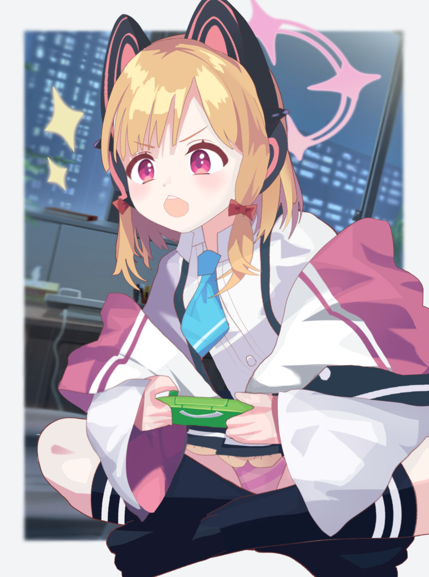 absurdres animal_ear_headphones animal_ears aqua_necktie blonde_hair blue_archive bow cat_ear_headphones fake_animal_ears female hairbow halo handheld_game_console headphones highres holding holding_handheld_game_console homulily jacket long_sleeves looking_at_viewer momoi_(blue_archive) necktie open_mouth panties pink_eyes red_bow shirt short_hair sitting smile socks solo underwear white_shirt