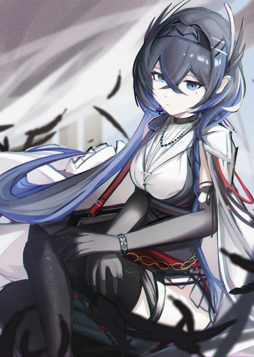 absurdres arknights black_feathers black_gloves black_hair black_hairband black_thighhighs blue_eyes blurry blurry_background blurry_foreground breasts cantabile_(arknights) chinese_commentary closed_mouth commentary depth_of_field elbow_gloves feathers female gloves hair_between_eyes hairband highres looking_at_viewer medium_breasts mizuhashi_parusui mole mole_under_eye multicolored_hair pleated_skirt shirt skirt solo thighhighs two-tone_hair white_shirt white_skirt