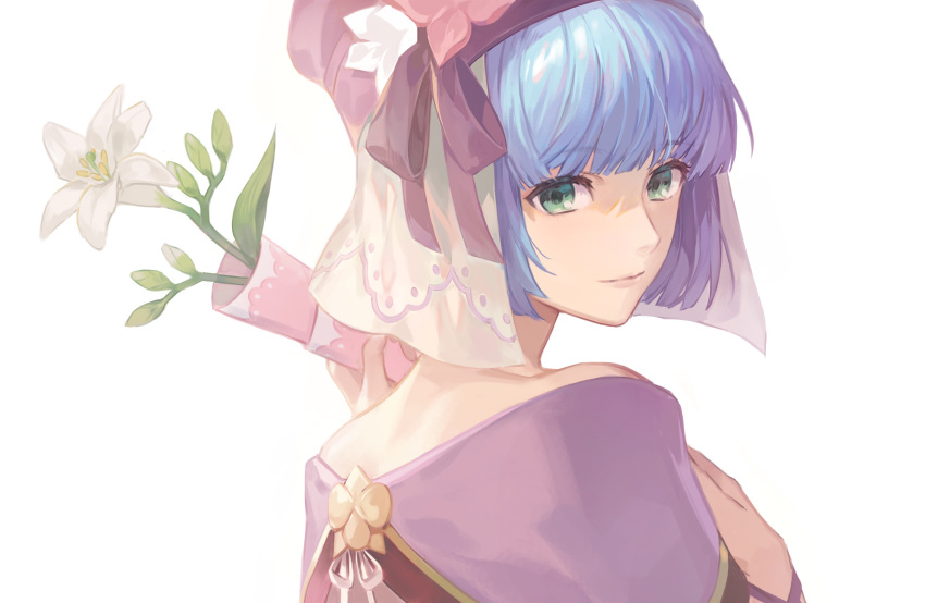 absurdres blue_hair closed_mouth female fire_emblem fire_emblem_echoes:_shadows_of_valentia fire_emblem_heroes flower from_side green_eyes hakou_(barasensou) hat highres looking_to_the_side short_hair silque_(fire_emblem) silque_(valentine)_(fire_emblem) simple_background solo upper_body white_background