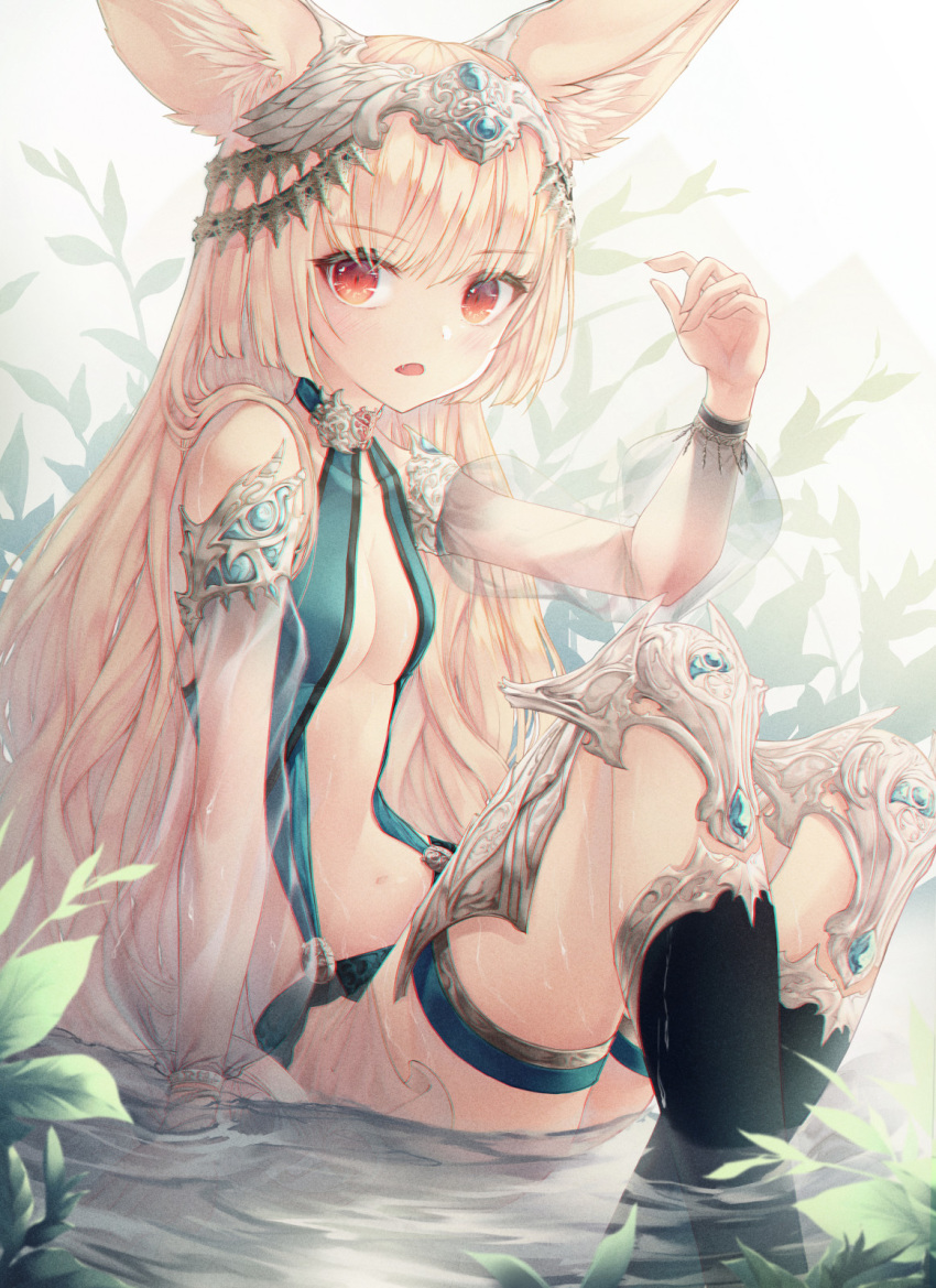 animal_ears arm_support armor bare_shoulders black_socks blonde_hair bracelet breasts cleavage commentary female fox_ears greaves h2o_(dfo) hand_up highres jewelry kneehighs knees_up long_hair looking_at_viewer navel oerba_yun_fang open_mouth original red_eyes revealing_clothes see-through see-through_sleeves sitting small_breasts socks solo stomach symbol-only_commentary thigh_strap thighs very_long_hair water wet