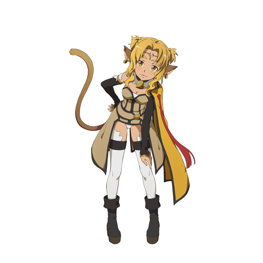 :3 alicia_rue animal_ears bell black_footwear black_sleeves blonde_hair boots breasts brown_eyes cape cat_ears cat_tail choker cleavage detached_sleeves female full_body hair_intakes hand_on_own_hip hand_on_own_knee highres leaning_forward long_sleeves looking_at_viewer non-web_source official_art panties short_twintails showgirl_skirt sidelocks small_breasts solo standing sword_art_online tail thighhighs transparent_background twintails underwear white_panties white_thighhighs yellow_cape