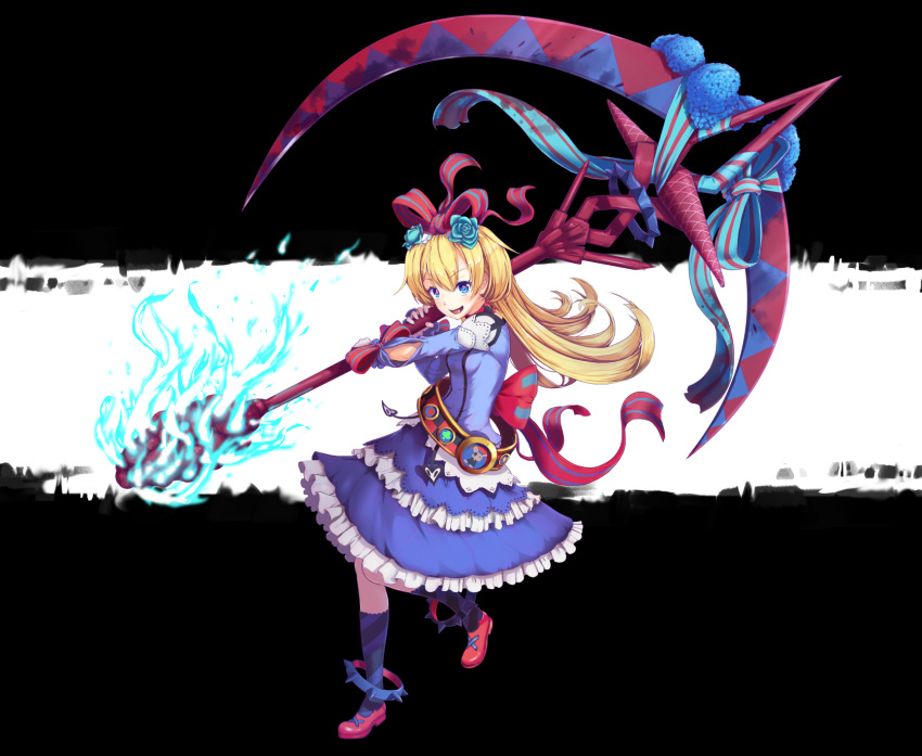 :d anklet belt blonde_hair blue_dress blue_eyes blue_fire bow commentary_request dress female fire flower frederica_(kokubyaku_no_avesta) frilled_dress frills full_body hair_flower hair_ornament hairbow heart heart-shaped_pupils highres holding holding_scythe holding_weapon huge_weapon jewelry kokubyaku_no_avesta long_hair looking_at_viewer mary_janes okina_(805197) open_mouth ribbon scythe shinza_bansho_series shoes smile solo spiked_anklet symbol-shaped_pupils two-tone_background waist_bow weapon wrist_bow