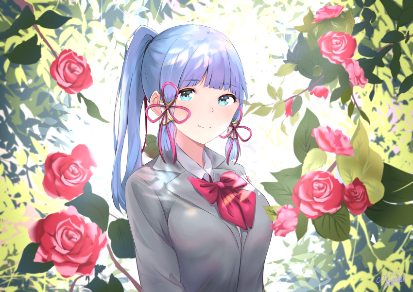 absurdres bad_id bad_pixiv_id blue_eyes blue_hair blunt_bangs bow bowtie captain_yina collared_shirt commentary female flower genshin_impact grey_shirt hair_ribbon highres kamisato_ayaka looking_at_viewer ponytail red_bow red_bowtie red_flower red_ribbon red_rose ribbon rose school_uniform shirt signature smile solo tassel tress_ribbon upper_body