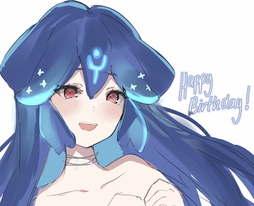 bao_(vtuber) bao_(vtuber)_(1st_costume) blue_hair close-up collarbone english_commentary female happy_birthday highres indie_virtual_youtuber long_hair open_mouth red_eyes solo tagicrabbu virtual_youtuber white_background