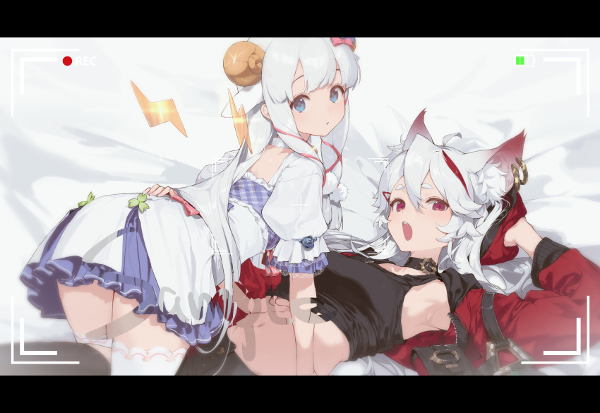 2girls absurdres ahoge animal_ears arm_up armpits black_choker black_shirt blue_eyes breasts choker commentary_request cowgirl_position crop_top dress extra_ears hand_on_another's_stomach highres hood hooded_jacket horns jacket letterboxed long_hair long_sleeves looking_at_viewer looking_back lying medium_breasts merry_(meumy) meumy midriff multicolored_hair multiple_girls navel on_back open_clothes open_jacket open_mouth red_eyes red_jacket sheep_ears sheep_girl sheep_horns shirt shisantian short_sleeves sleeveless sleeveless_shirt star-shaped_pupils star_(symbol) stomach streaked_hair symbol-shaped_pupils thighhighs umy_(meumy) viewfinder virtual_youtuber white_dress white_hair white_thighhighs wolf_ears wolf_girl