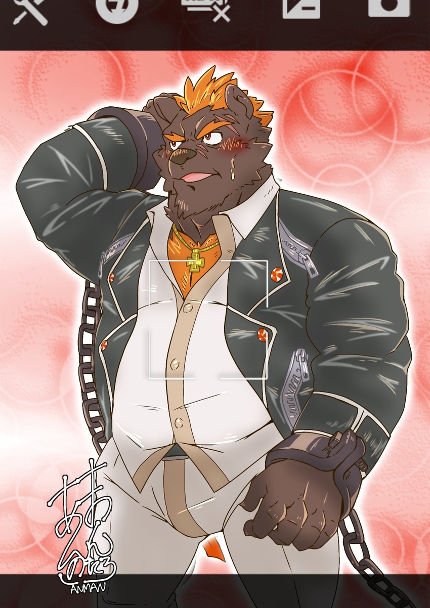 2020 anthro barguest_(tas) bear belly blush bodily_fluids bottomwear bulge bumomomoboa clothing hi_res humanoid_hands kemono lifewonders male mammal overweight overweight_anthro overweight_male pants shirt solo sweat tokyo_afterschool_summoners topwear