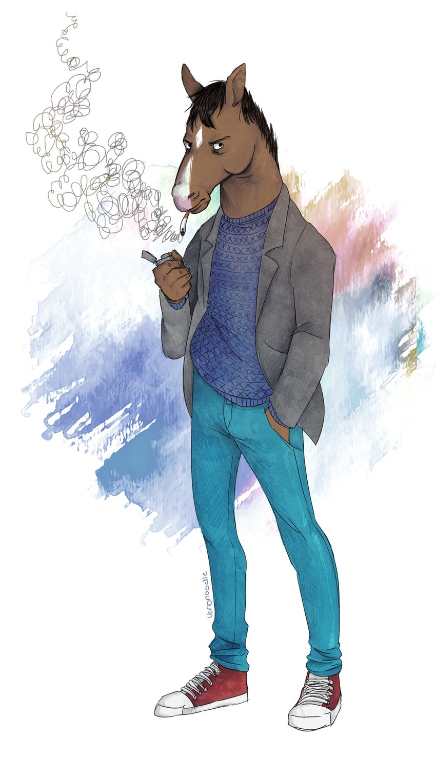 2020 anthro bojack_horseman bojack_horseman_(character) bottomwear cigarette clothing equid equine facial_markings head_markings hi_res horse jacket jeans lighter mammal mane markings netflix pants signature smoke smoking sneakers sweater topwear venonoodle