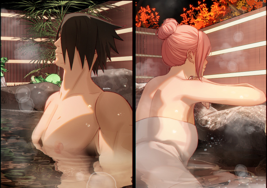 1boy absurdres armpits black_hair boruto:_naruto_next_generations closed_mouth female hair_bun highres husband_and_wife naruto_(series) niku_(ni23ku) nipples onsen outdoors pink_hair rock sakura_haruno short_hair single_hair_bun spiked_hair topless_male towel uchiha_sasuke water wet