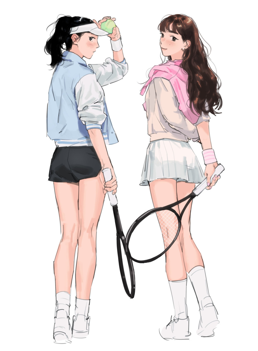 2girls absurdres ball black_hair black_shorts blue_jacket brown_eyes brown_hair closed_mouth commentary genderswap_(mtf) haotmeal hat highres holding holding_ball holding_tennis_racket jacket k-pop letterman_jacket long_hair multiple_girls pink_sweater pleated_skirt ponytail real_life rule_63 shoes shorts simple_background skirt smile sneakers socks sung_han-bin sweater sweater_around_neck symbol-only_commentary tennis_ball visor_cap white_background white_hat white_skirt white_socks wristband zerobaseone zhang_hao