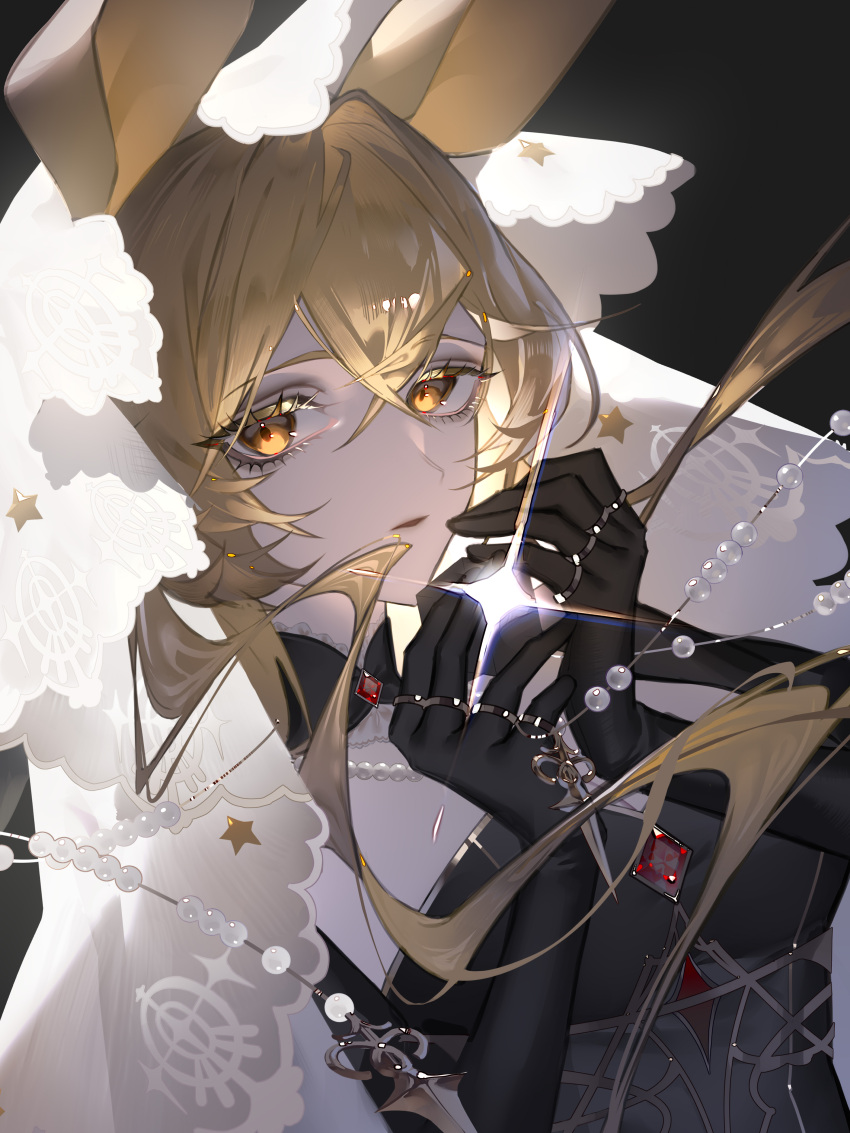 absurdres animal_ears arknights black_dress black_gloves blonde_hair breasts cleavage dorothy_(arknights) dorothy_(hand_of_destiny)_(arknights) dress female furittsu gloves hair_between_eyes headdress highres jewelry long_hair long_sleeves looking_at_viewer mouse_ears mouse_girl multiple_rings necklace official_alternate_costume parted_lips pearl_necklace ring solo upper_body veil white_veil yellow_eyes