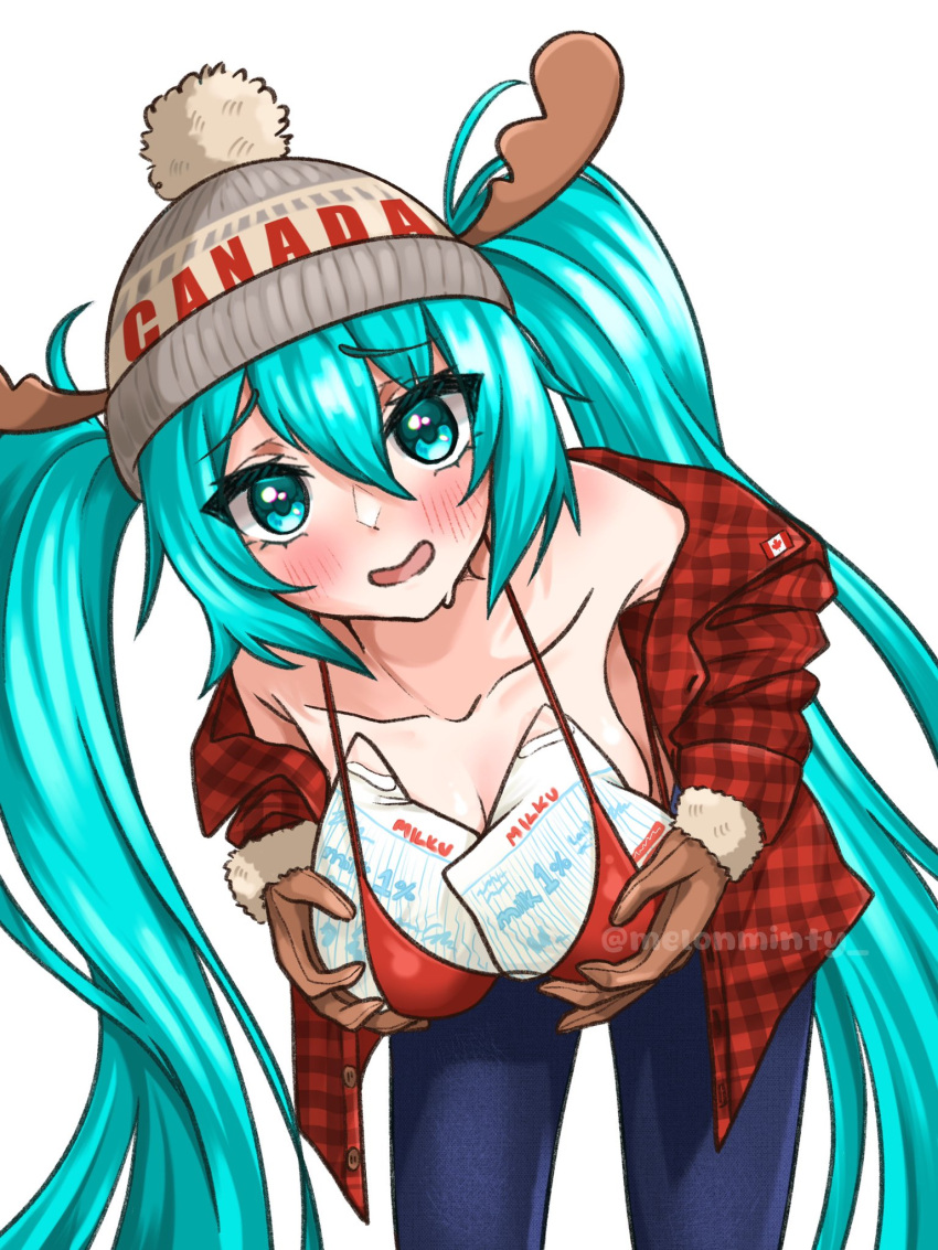 aqua_eyes aqua_hair beanie bent_over bikini bikini_top_only blue_pants breast_padding breasts brown_gloves canadian_flag commentary denim english_commentary fake_antlers female gloves hat hatsune_miku highres jacket jeans long_hair medium_breasts melonminty milk_bag open_mouth pants plaid_clothes plaid_jacket red_bikini smile solo sweatdrop swimsuit twintails twitter_username very_long_hair vocaloid watermark