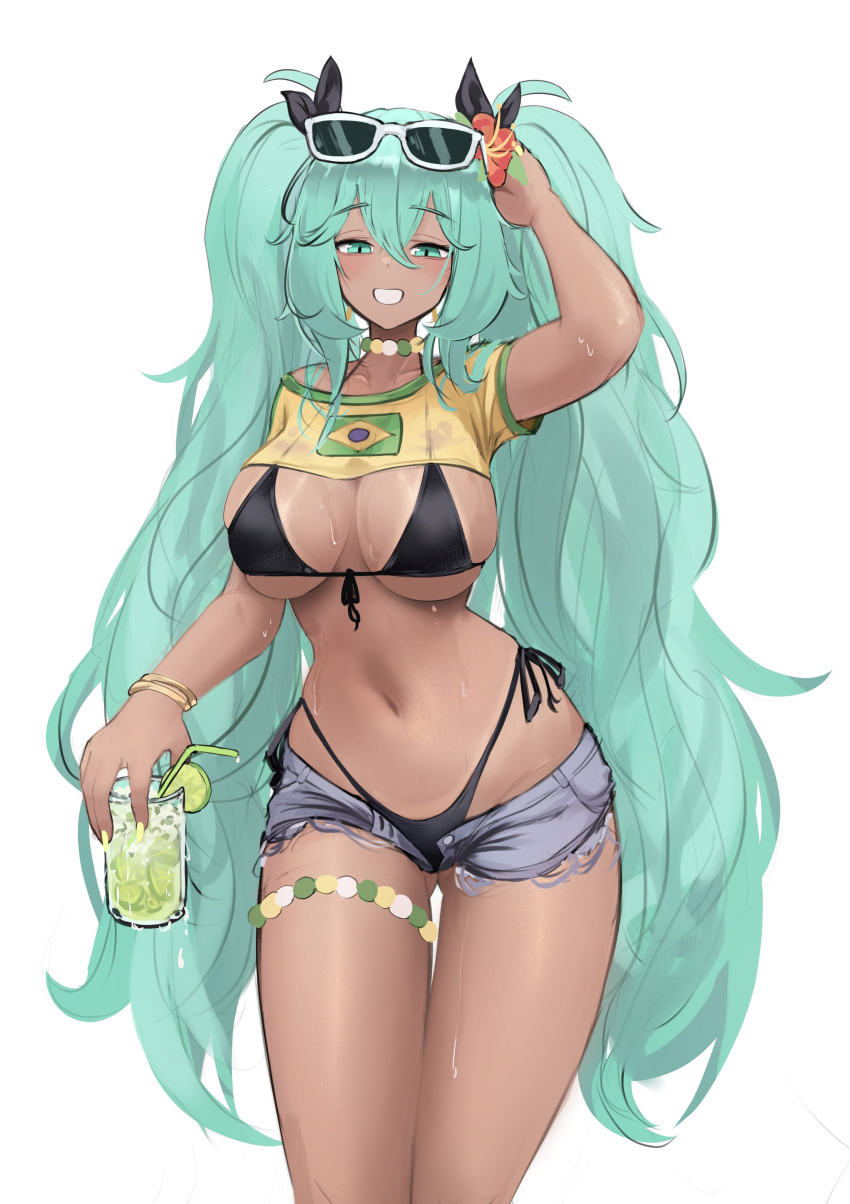 absurdres alternate_costume bead_choker bikini black_bikini borrowed_design bracelet brazil brazilian_flag brazilian_flag_print brazilian_miku brunobrun9bruno can exposed_pocket female hatsune_miku highres holding holding_can jewelry multiple_bracelets navel shorts_tan solo swimsuit tan tanline_peek tanlines vocaloid white-framed_eyewear