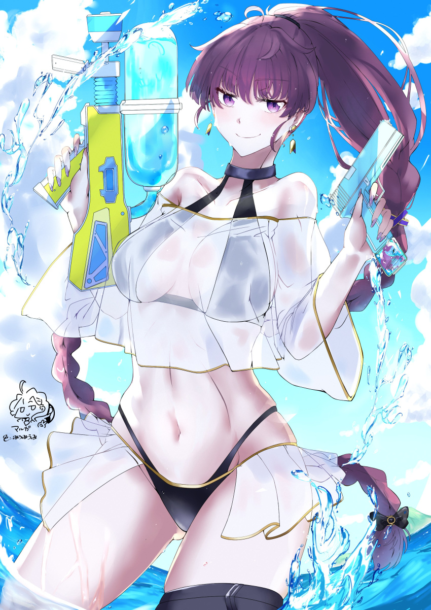 absurdres bikini black_bikini dolla_(nikke) earrings female frills goddess_of_victory:_nikke gun handgun highres holding holding_water_gun jewelry miumiumi_99 nail_polish navel purple_eyes purple_hair see-through see-through_frills see-through_sleeves solo swimsuit thigh_strap water water_gun weapon