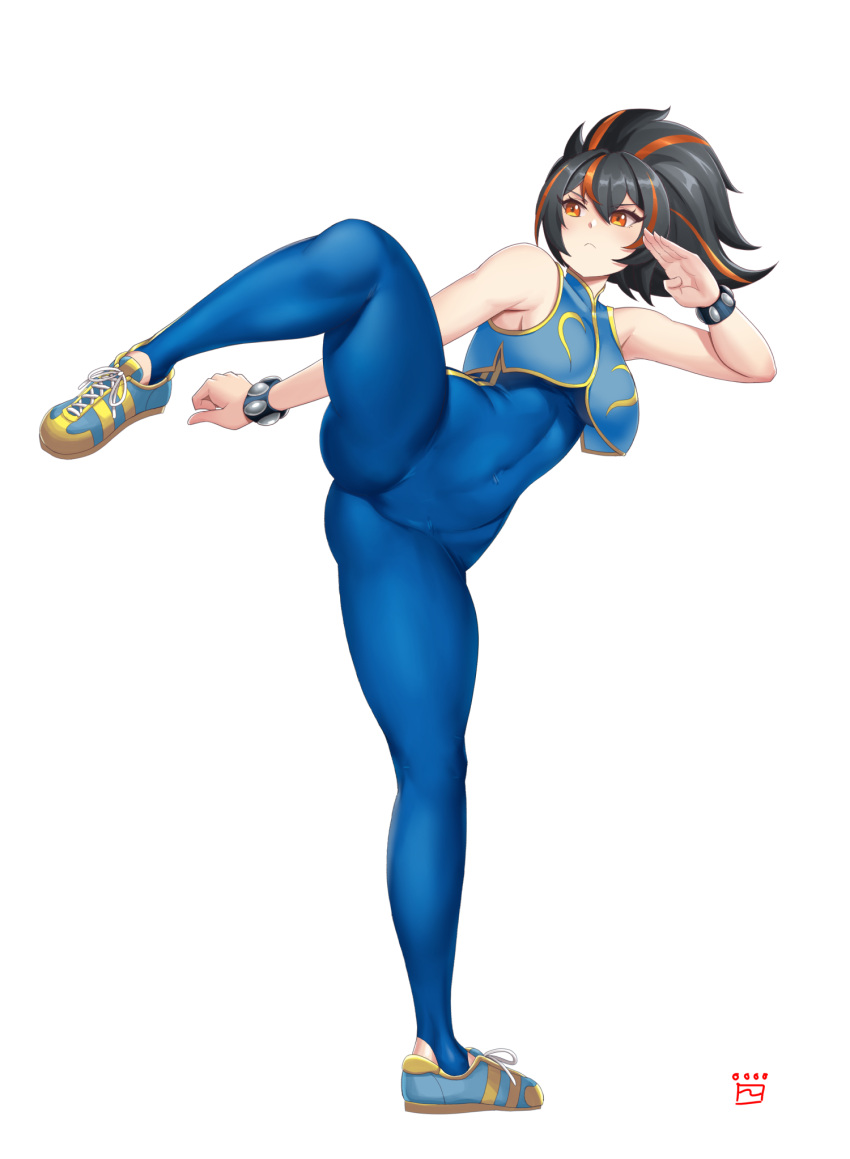 bare_shoulders black_hair blue_bodysuit blue_unitard blue_vest bodysuit bracelet breasts chun-li chun-li_(cosplay) commentary_request cosplay covered_navel female fighting_stance finalcake full_body hair_between_eyes hand_up highres jewelry large_breasts leg_up legs long_hair multicolored_hair ponytail red_eyes red_hair simple_background sleeveless sleeveless_bodysuit solo streaked_hair street_fighter street_fighter_zero_(series) studded_bracelet thighs toned_female two-tone_footwear vest white_background yellow_trim zenless_zone_zero zhu_yuan