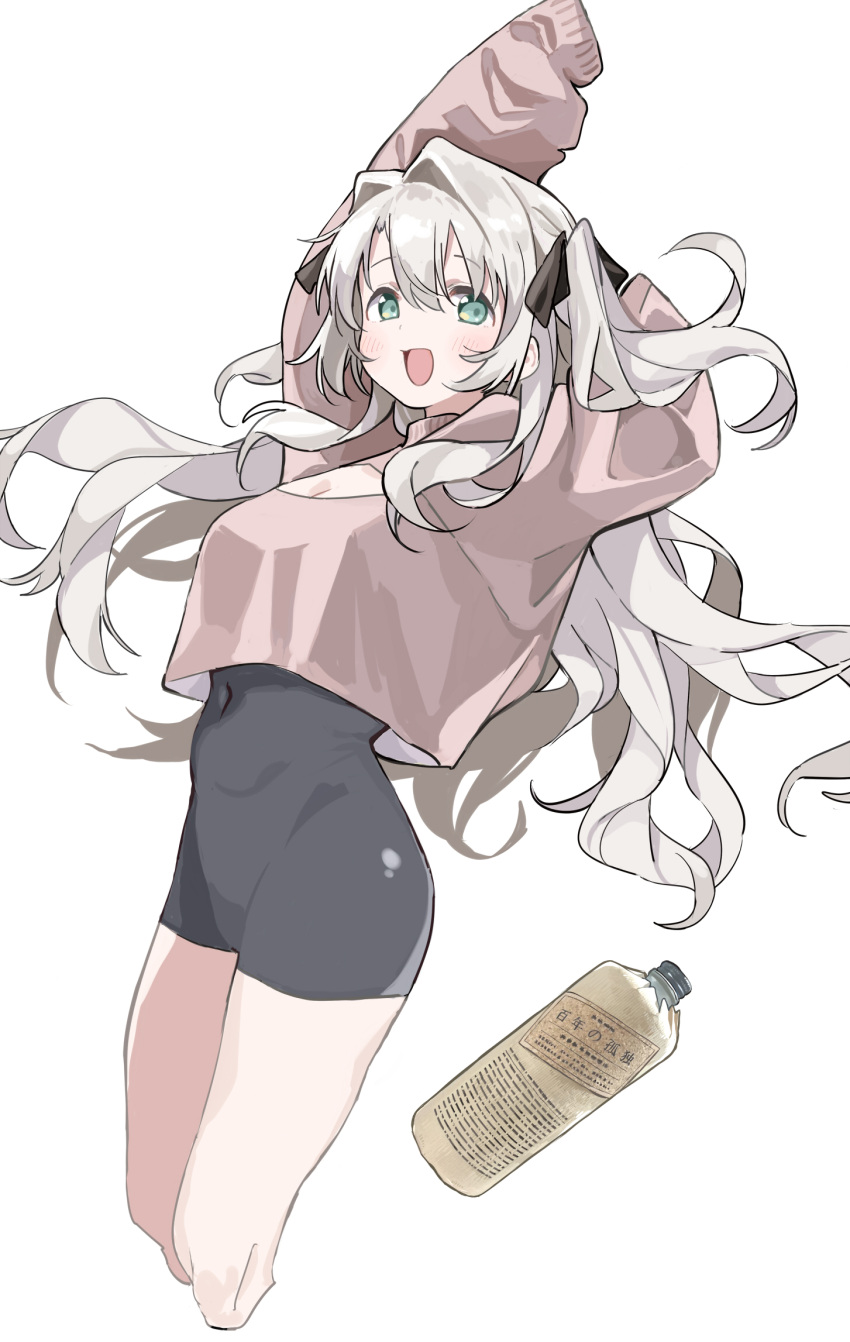 alcohol arms_up black_bodysuit bodysuit bottle bow breasts cleavage cleavage_cutout clothing_cutout covered_navel crop_top cropped_legs female green_eyes grey_hair hair_intakes hairbow hei_(tonarinohey) highres kamiina_botan kamiina_botan_yoeru_sugata_wa_yuri_no_hana long_hair long_sleeves looking_at_viewer open_mouth pink_shirt shirt simple_background small_breasts smile solo two_side_up white_background