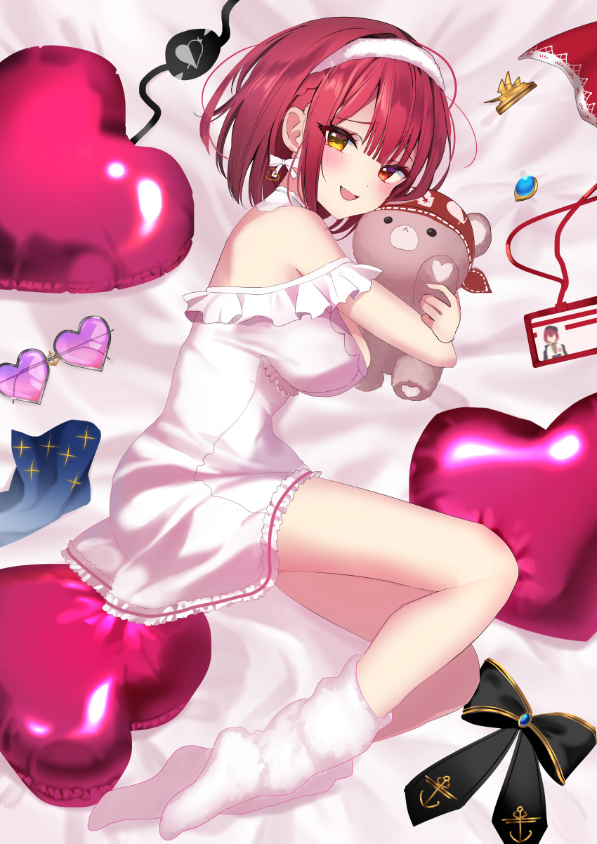 absurdres blush breasts cleavage dress earrings female heterochromia highres hololive houshou_marine houshou_marine_(8th_costume) jewelry large_breasts looking_at_viewer official_alternate_costume open_mouth red_eyes red_hair short_hair smile solo stuffed_animal stuffed_toy teddy_bear virtual_youtuber white_dress yellow_eyes yoshioka_pochi